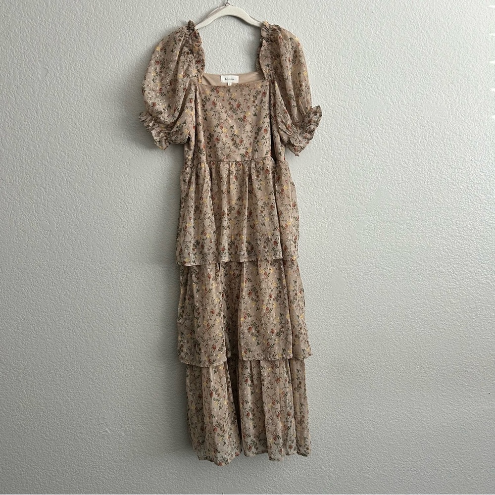 Bohme Boho Minimalist Chic Neutral Floral Modest Square Neck Midi Maxi Dress S